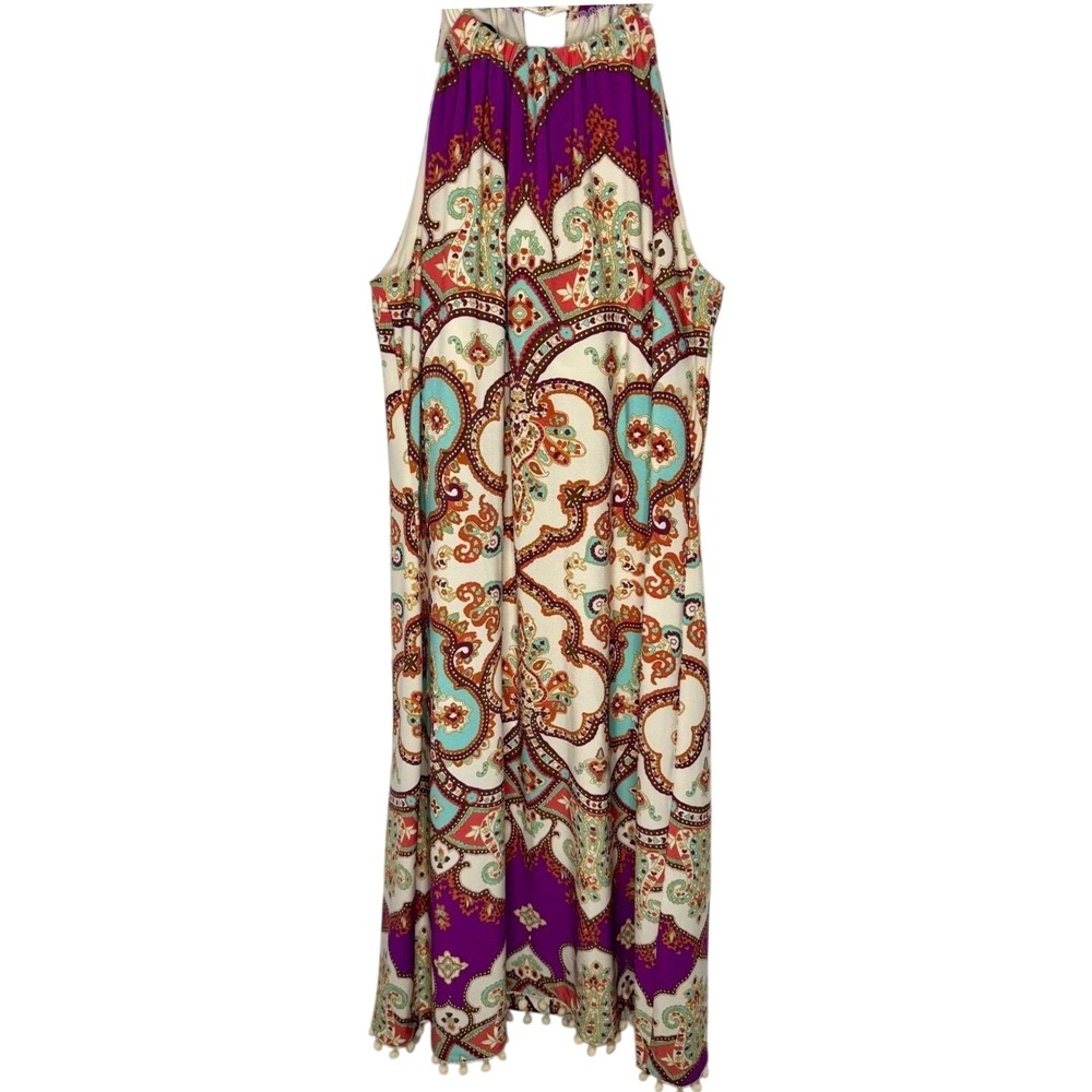 Boho Paisley Halter Midi Dress Pom Pom Trim Purple Ivory Resort Vacation Size 4